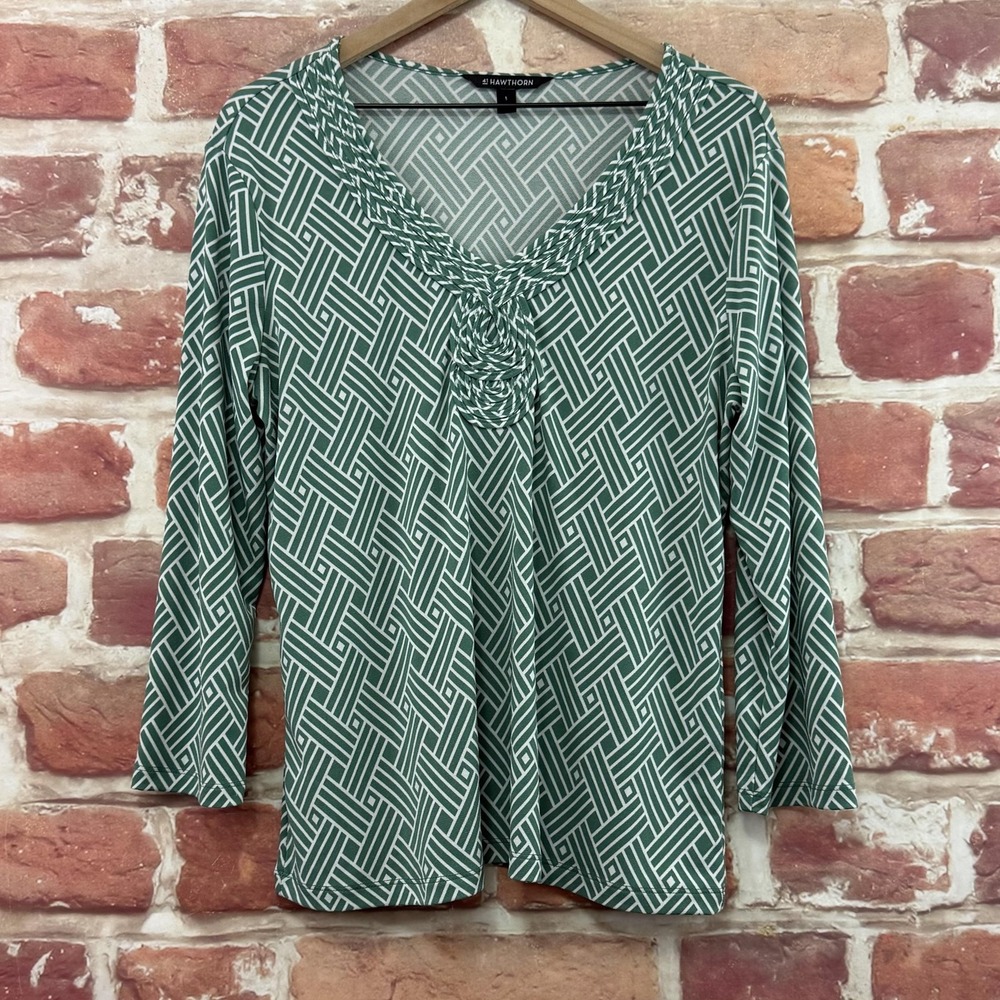 Stitch Fix 41 Hawthorn Top Women's L Green Geo Abstract Casual Career Shirt